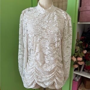 White Floral Lace Mock Neck Top | Size 2XL